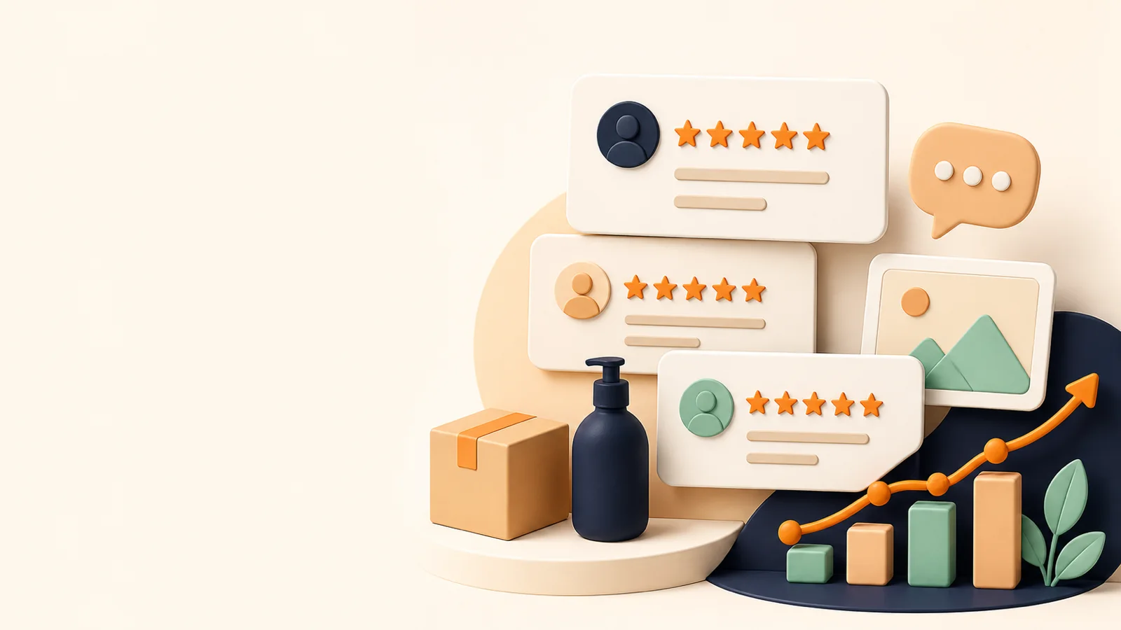 Review cards with photos, ratings, and performance analytics
